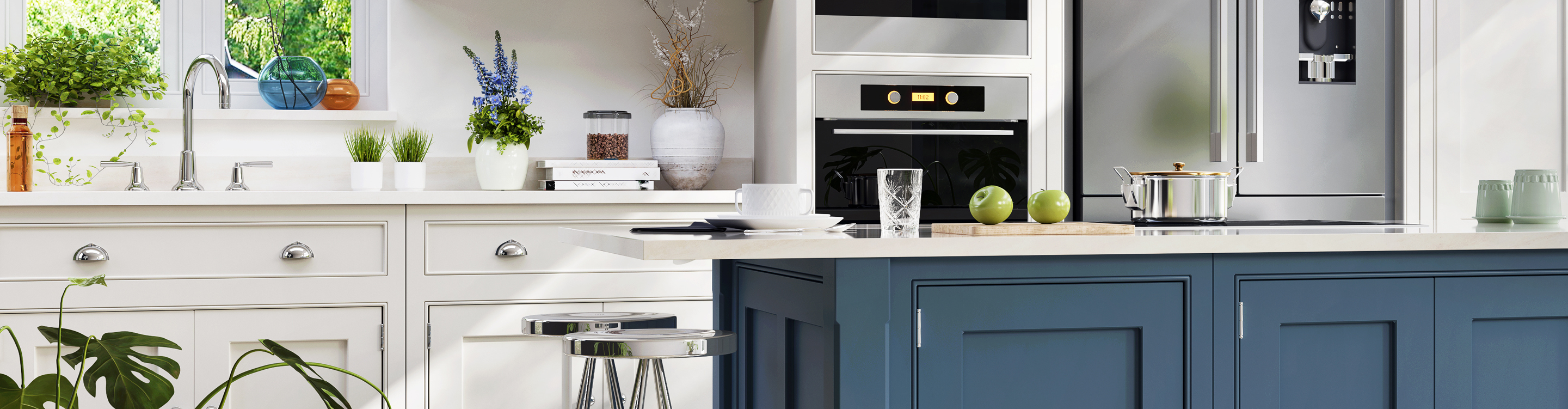 kitchen with white cabinets and silver hardware