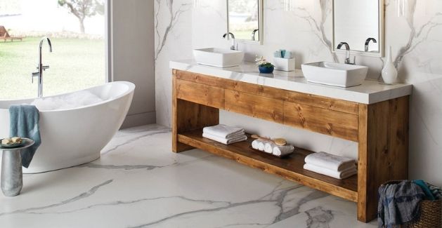 Porcelain Floor Tile in Modern Rustic Bathroom